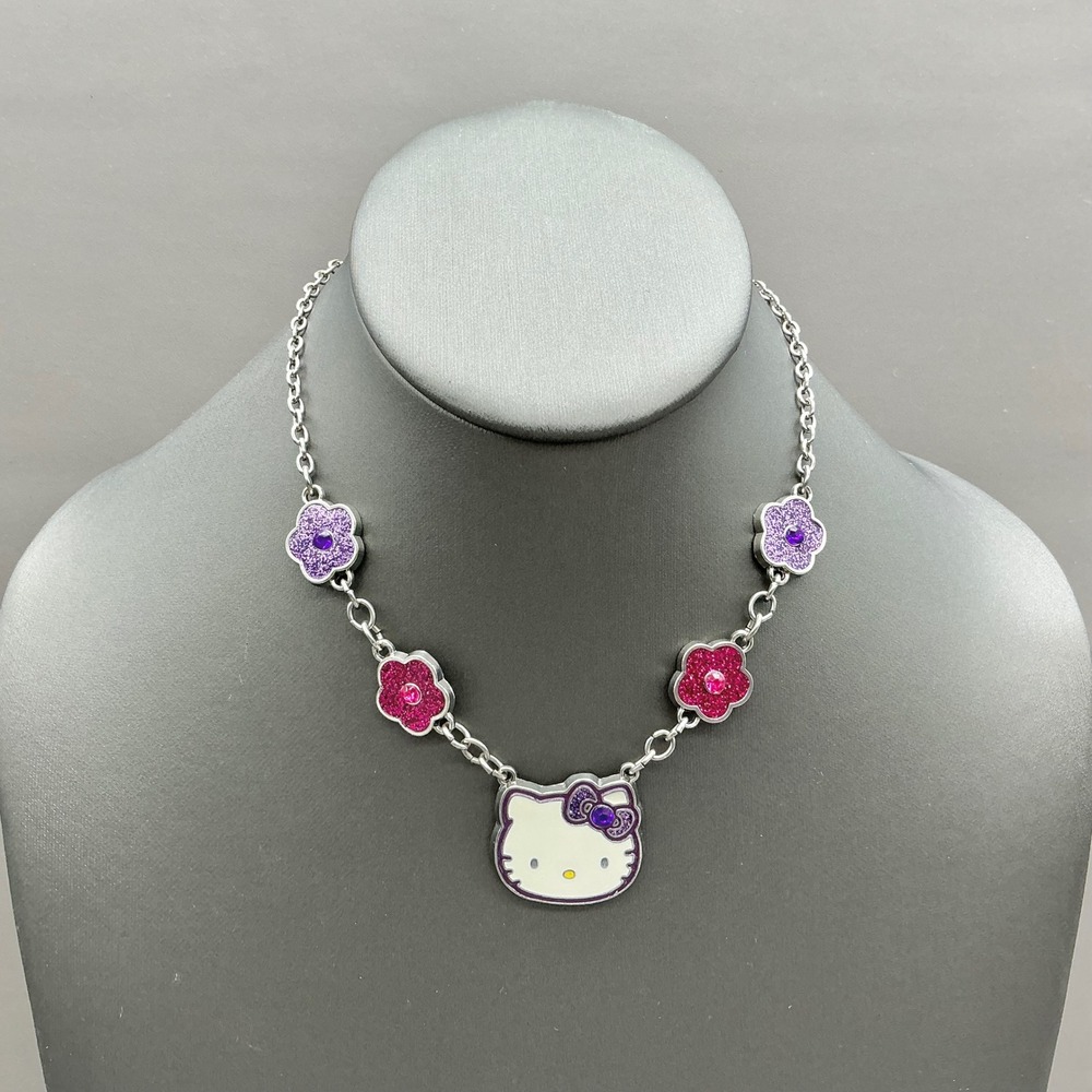 Sanrio Hello Kitty Necklace Women Silver Purple Pink Glitter Flower Y2K Jewelry